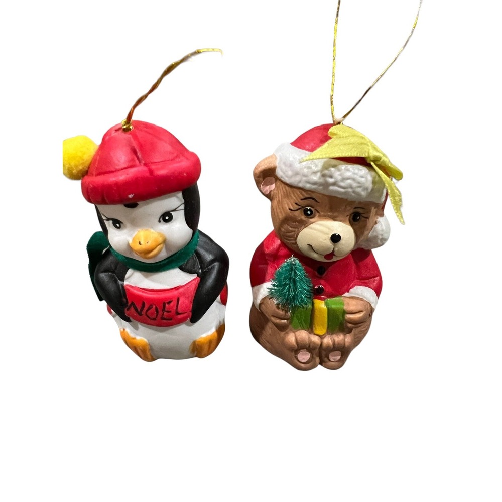 Vintage Giftco Holly Bells Porcelain Christmas Ornaments Penguin Bear Set of 2